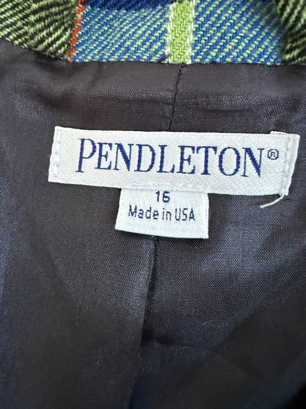 Pendleton Wool Plaid Jacket Green Cobalt Blue Wide Round Collar (16) - Picture 8 of 10